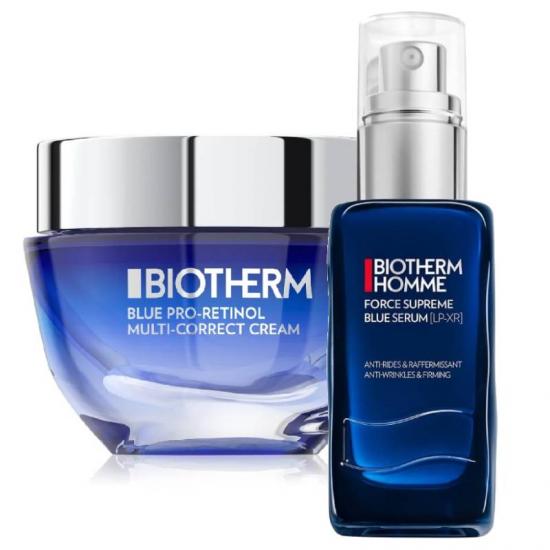 Biotherm Blue Therapy Pro-Retinol Multi-Correct krema protiv znakova starenja sa retinolom 50ml + Biotherm Homme Force Supreme Blue Serum LP-XR 60ml protiv bora sa retinolom za muškarce